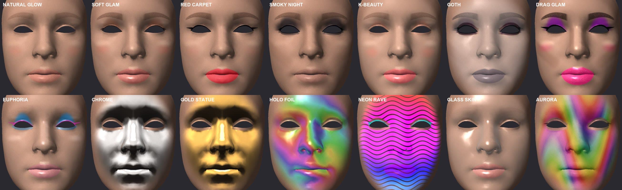 Fourteen AR face studio looks on the face mesh, from Natural Glow to Neon Rave and Aurora.