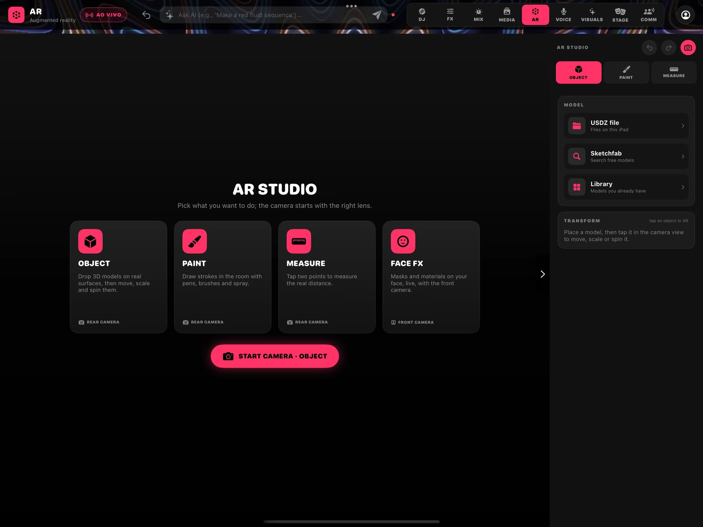 AR STUDIO: the Object, Paint, Measure and Face FX modes, with the model inspector.