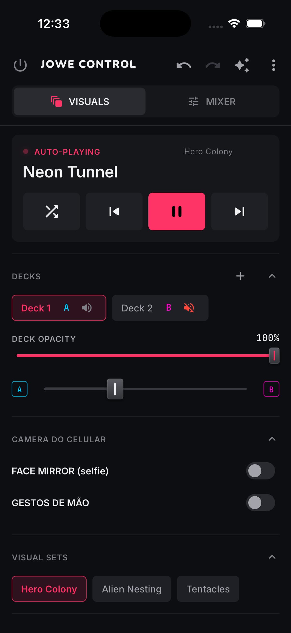 Jowe Control: grupos e camadas de visuais do iPad no telefone.