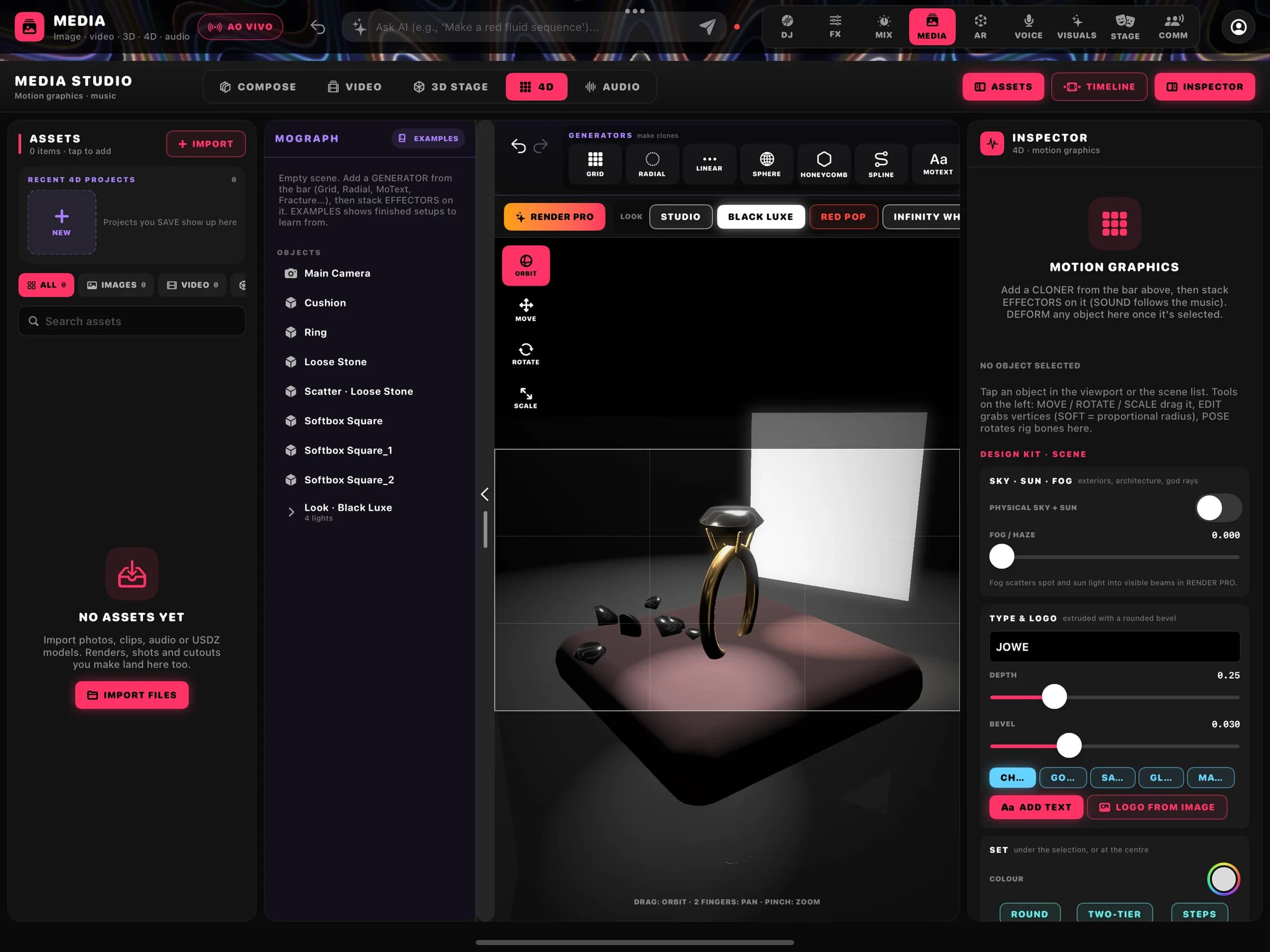 MEDIA STUDIO na aba 4D: motion graphics com geradores, objetos de cena e o RENDER PRO aplicado a um anel.