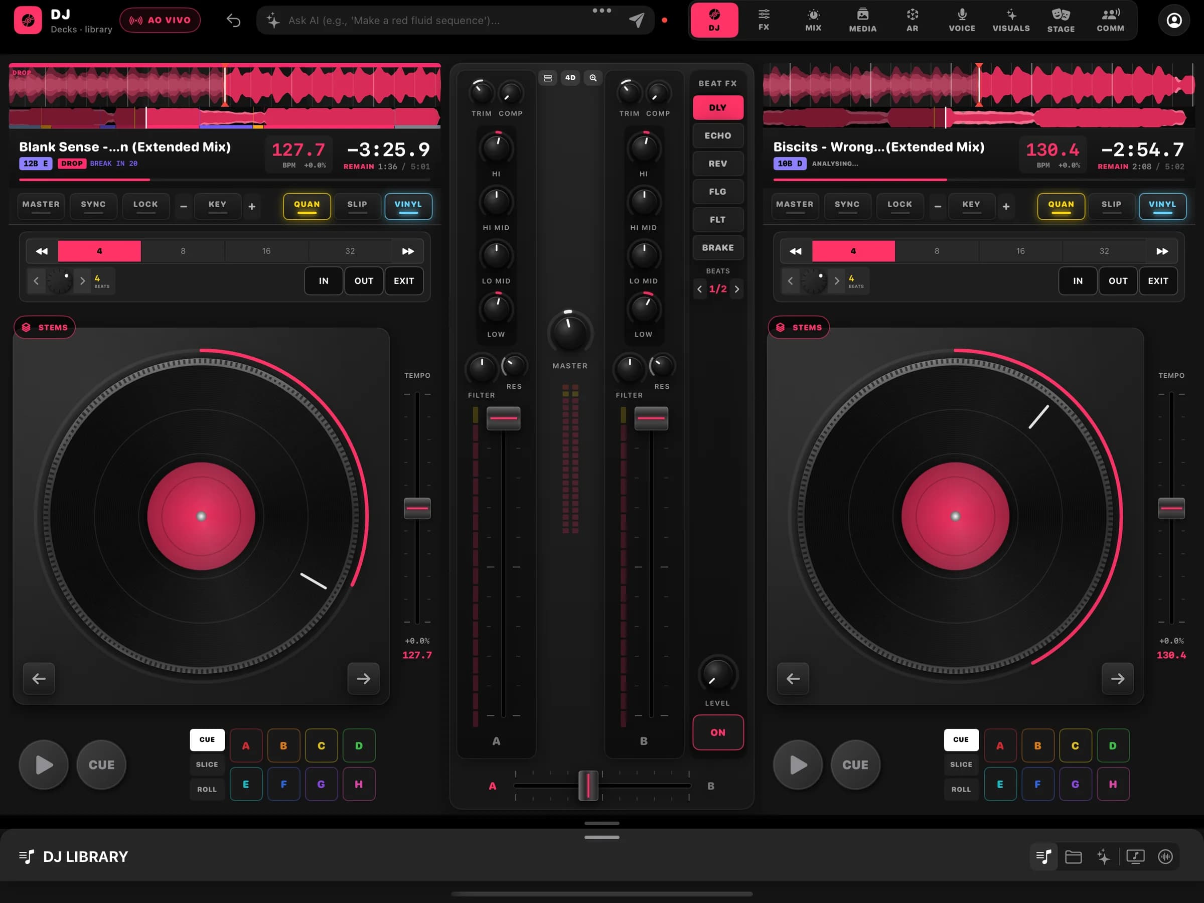 Two loaded decks with three-band waveforms, beat grid, Camelot key and phrase marker.