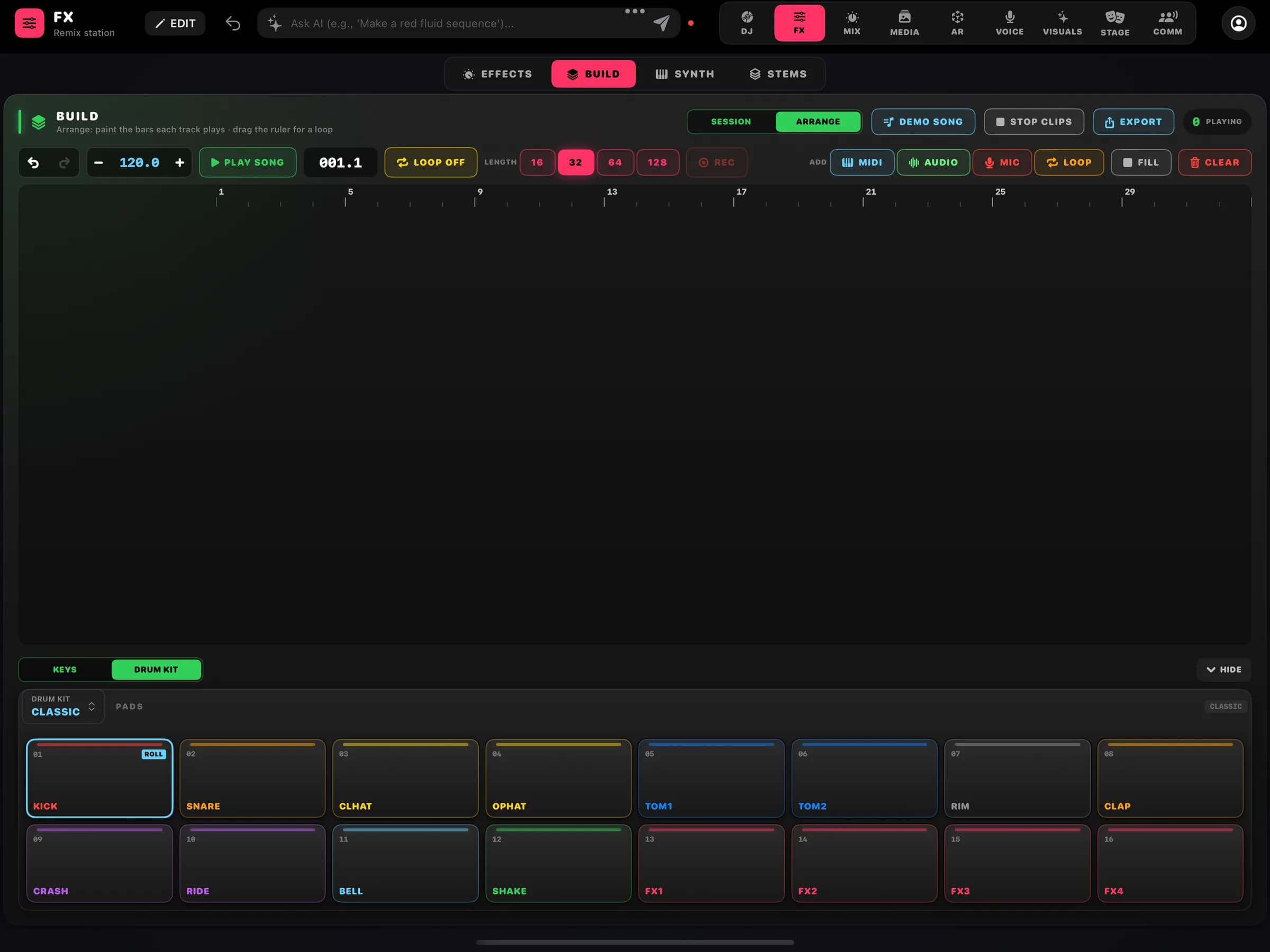 FX · BUILD em modo Arrange: régua de compassos, Play song, loop, tamanho da música, adicionar trilhas MIDI, AUDIO, MIC e LOOP, e exportar.