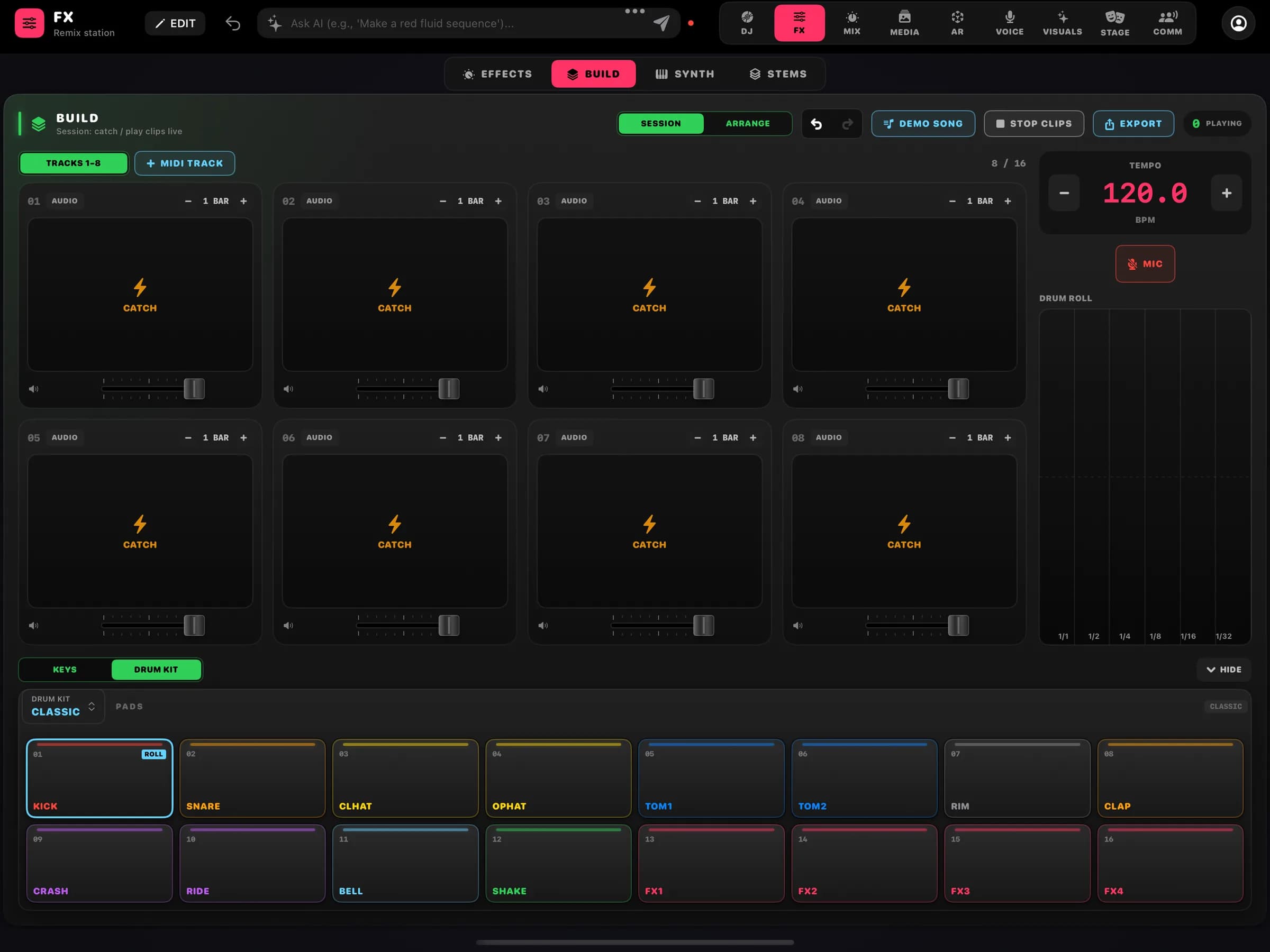 FX · BUILD: oito slots de looper com CATCH, kit de bateria em pads, tempo e os modos Session e Arrange.
