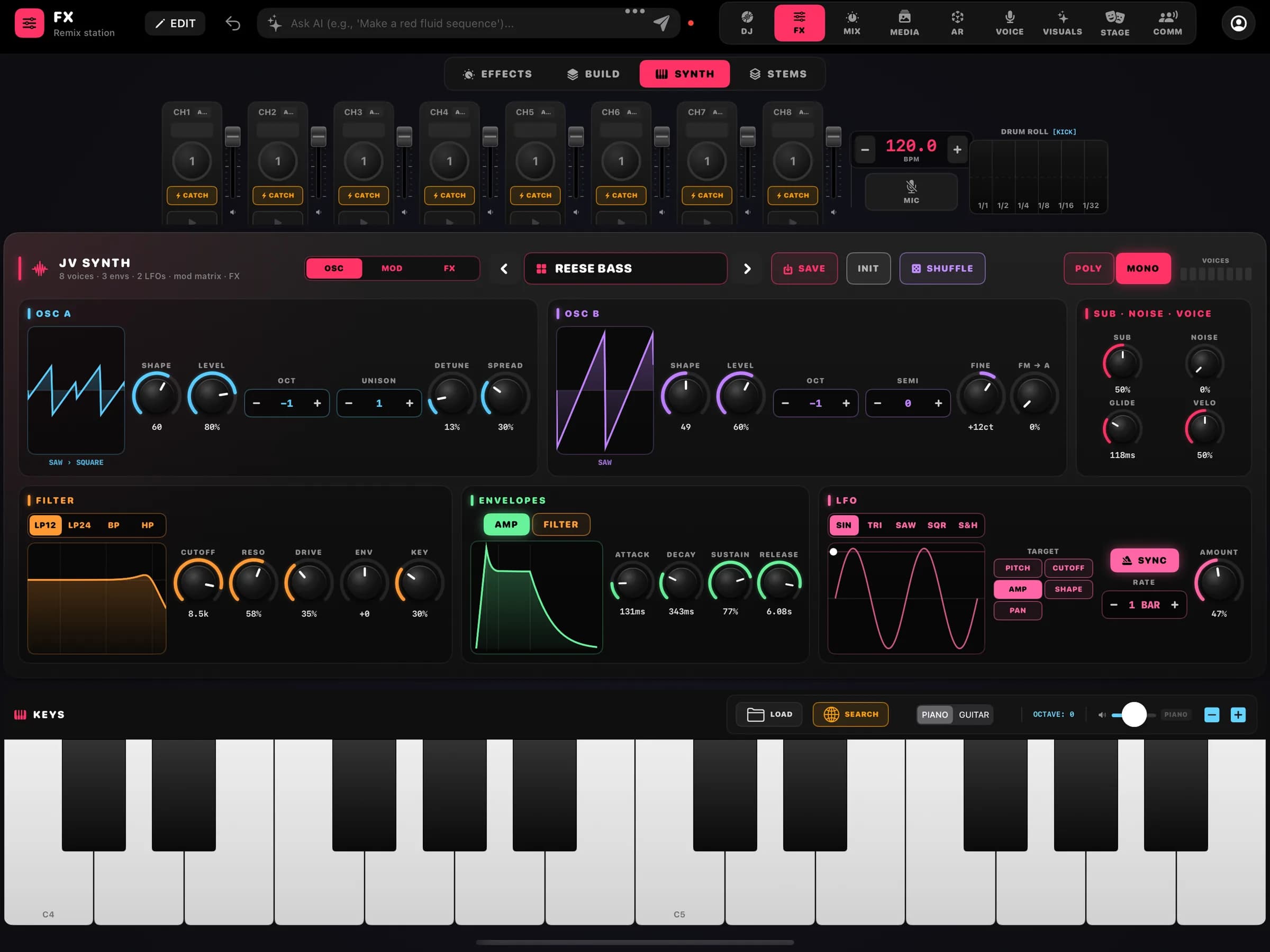 FX · SYNTH: JV Synth com dois osciladores, filtro, envelopes e LFO, a faixa do looper em cima e o teclado embaixo.