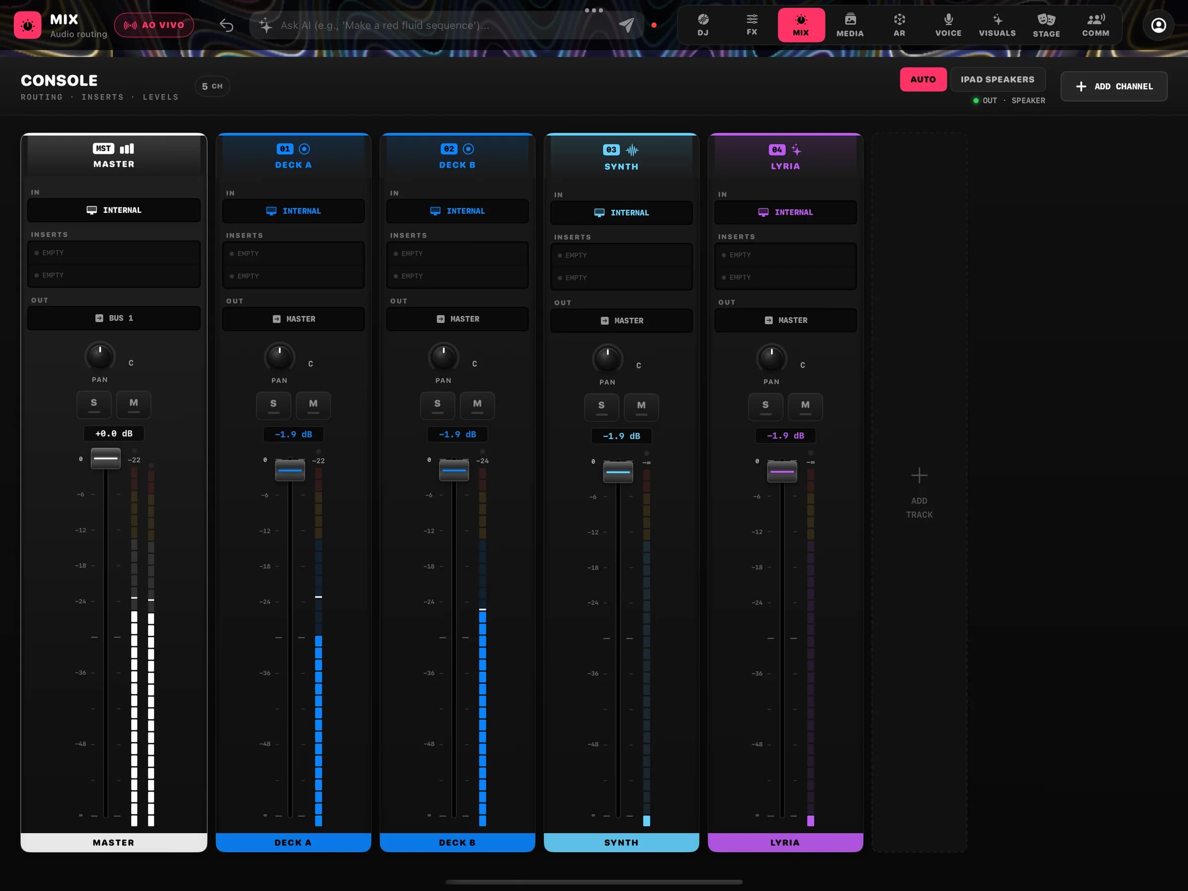 MIX tab: a console with master, deck, synth and other source channels, inserts, routing and meters.