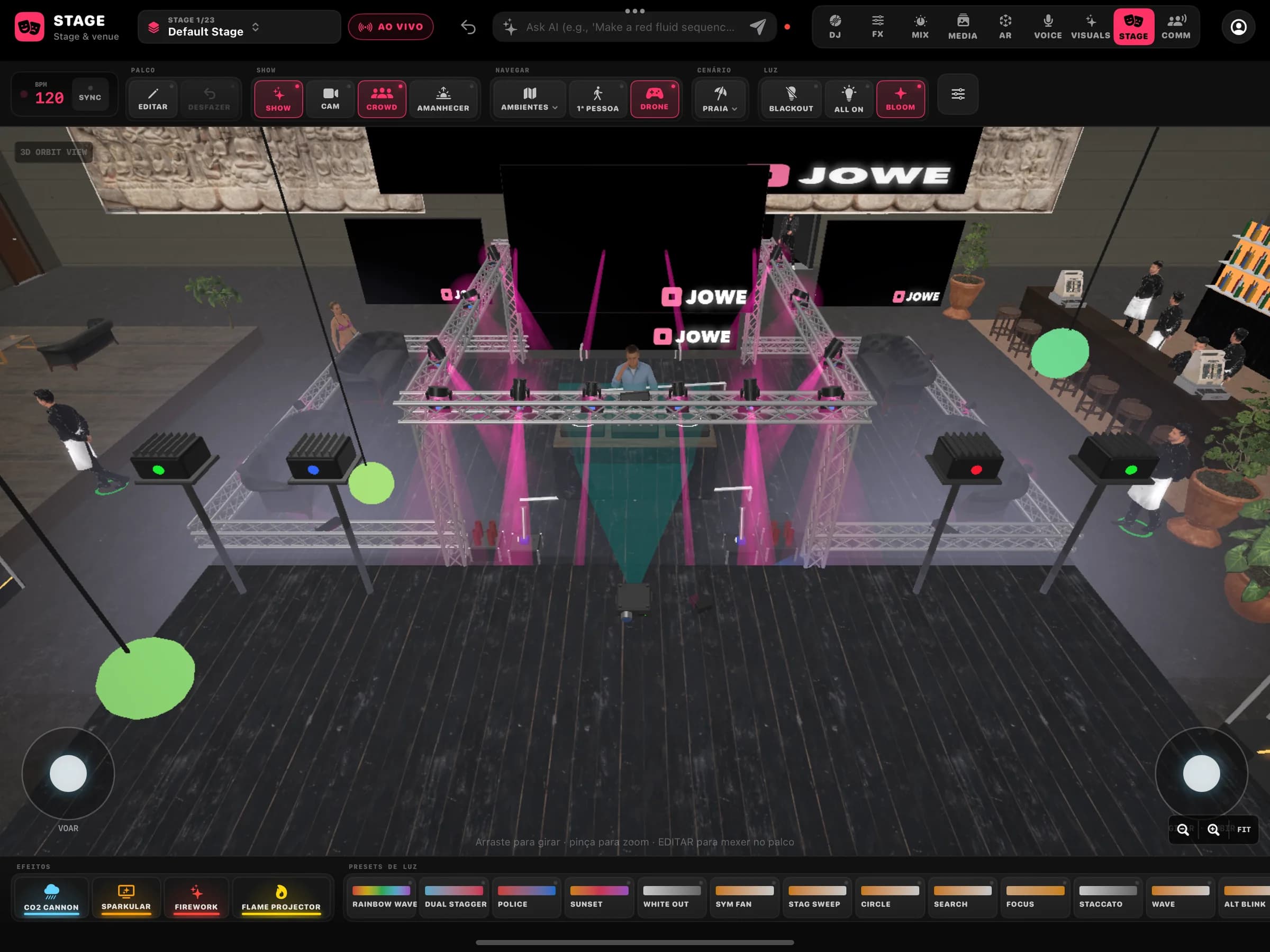 STAGE em órbita: a casa com truss, telão JOWE, luminárias e público, com a barra de modos e os presets de luz.