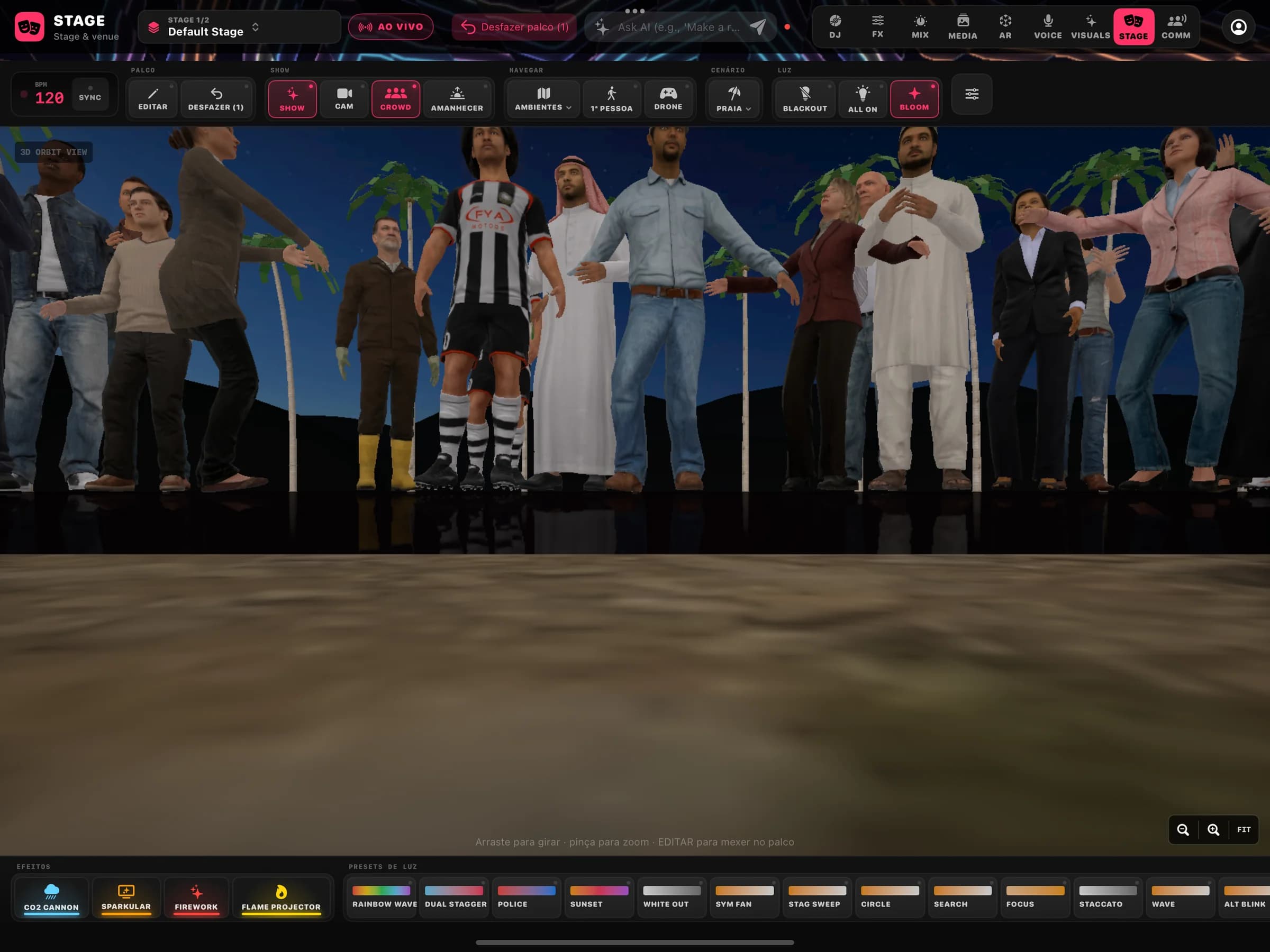 STAGE em modo show: palco na praia com público em 3D.