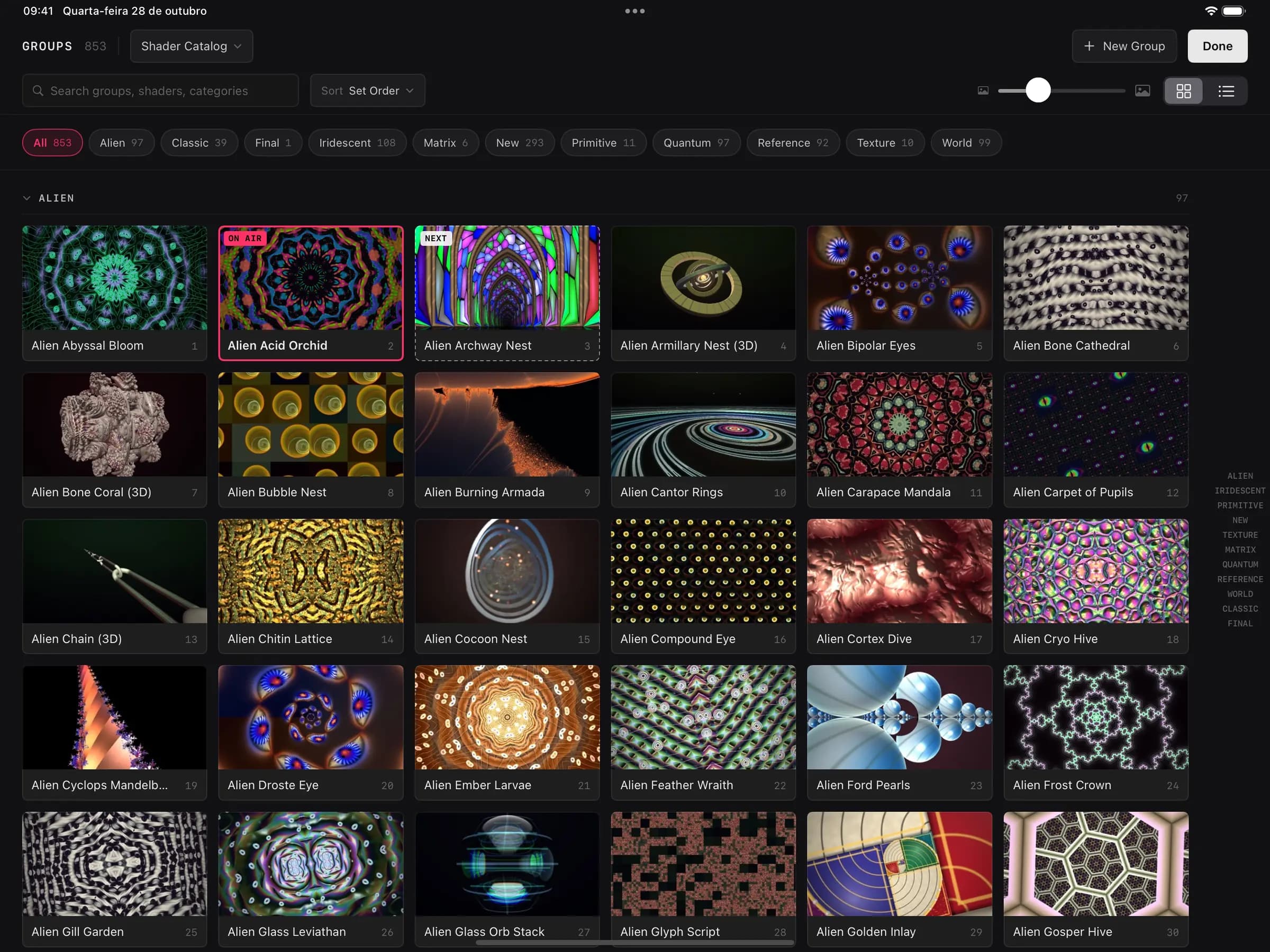 Group browser with shader thumbnails, category filters and the on-air group highlighted.