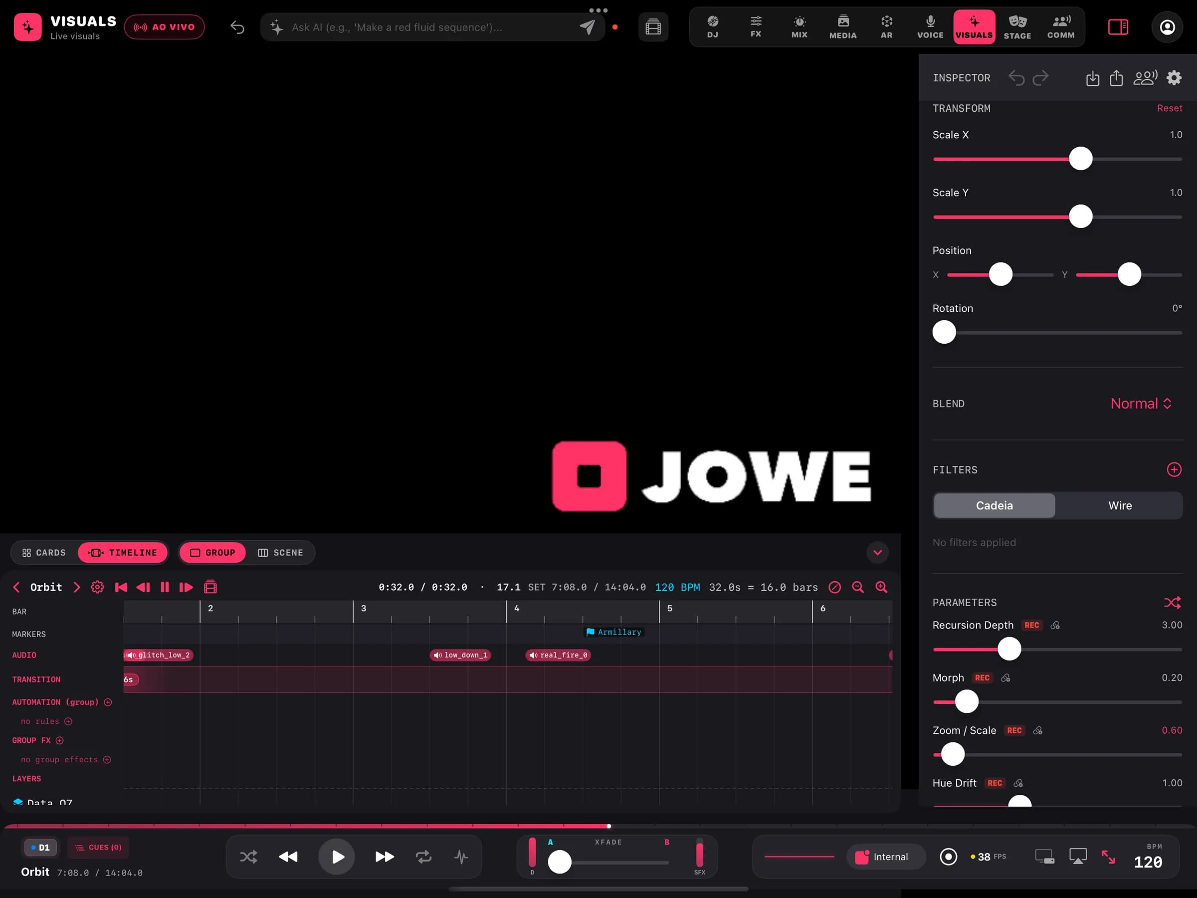 Inspetor de camada dos VISUALS: transformação, blend, filtros e parâmetros, com a timeline embaixo.
