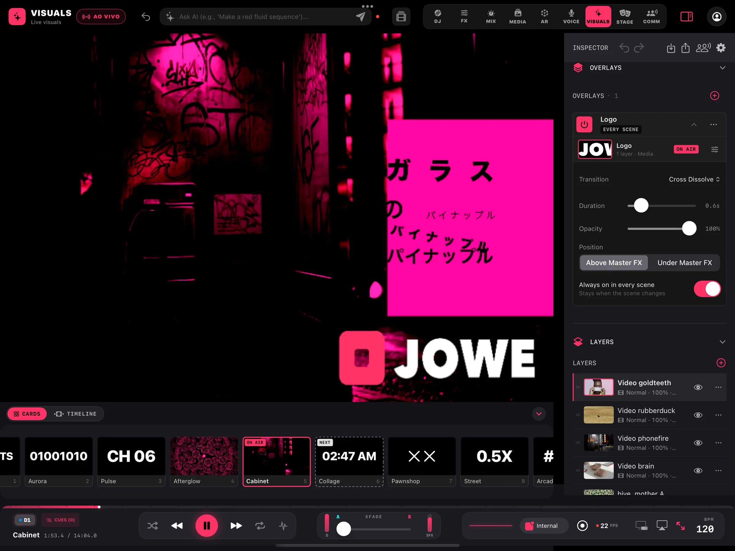 VISUALS OVERLAYS: a logo pinned above the master effects, present in every scene.