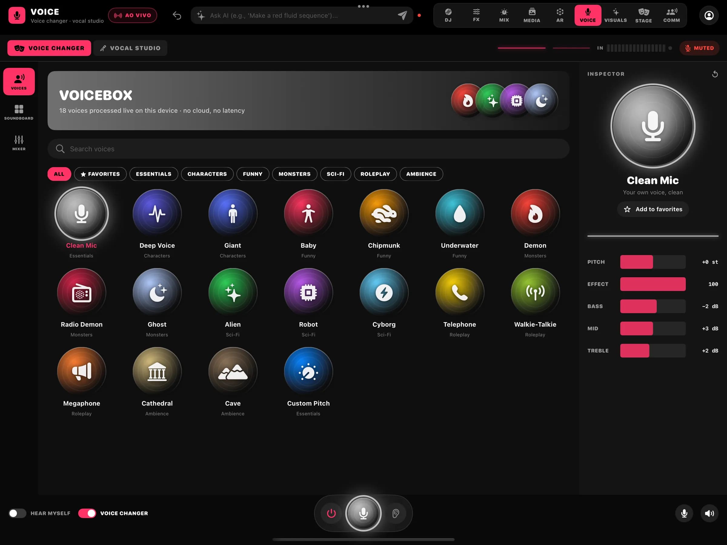 VOICE: Voicebox with 18 voices processed on the device, categories and the inspector with pitch, effect and EQ.