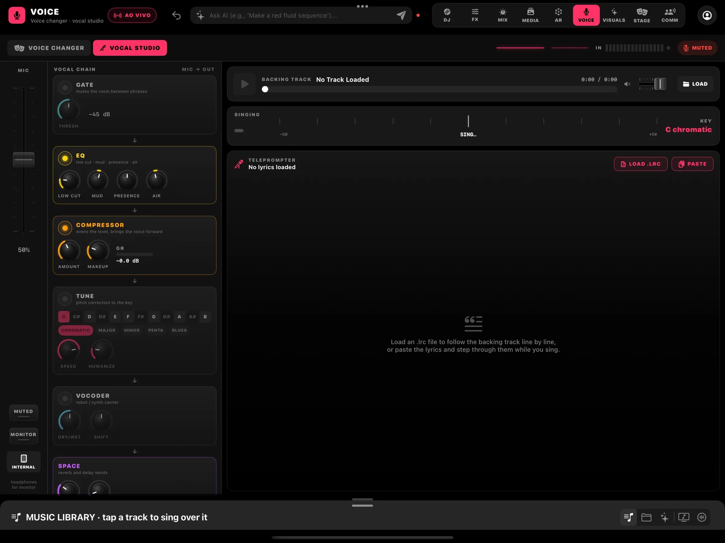 VOICE: vocal studio with a vocal chain (EQ, compressor, tune, vocoder and space), backing track and teleprompter.