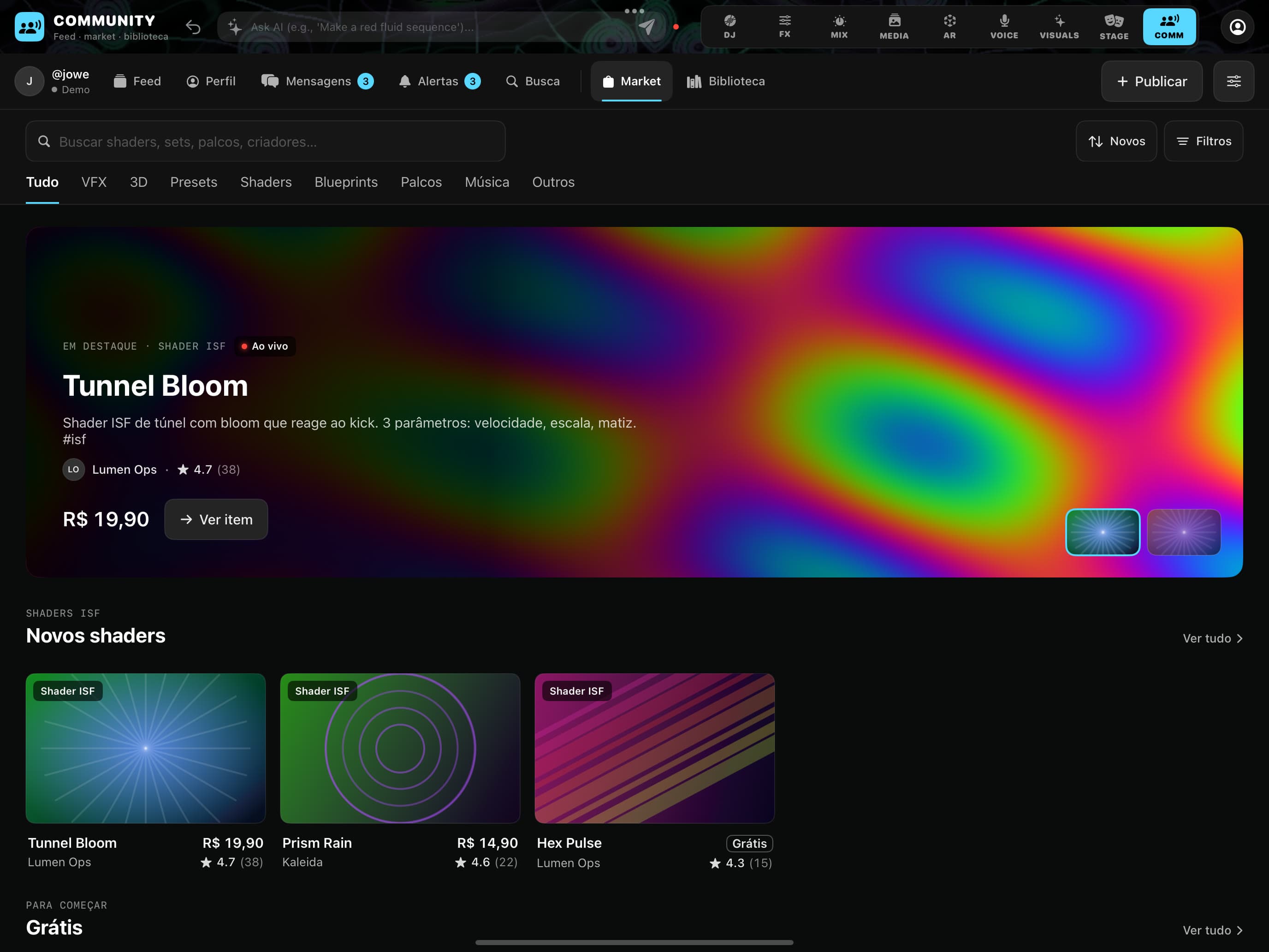 Market da comunidade no iPad: shader em destaque e novos shaders ISF.