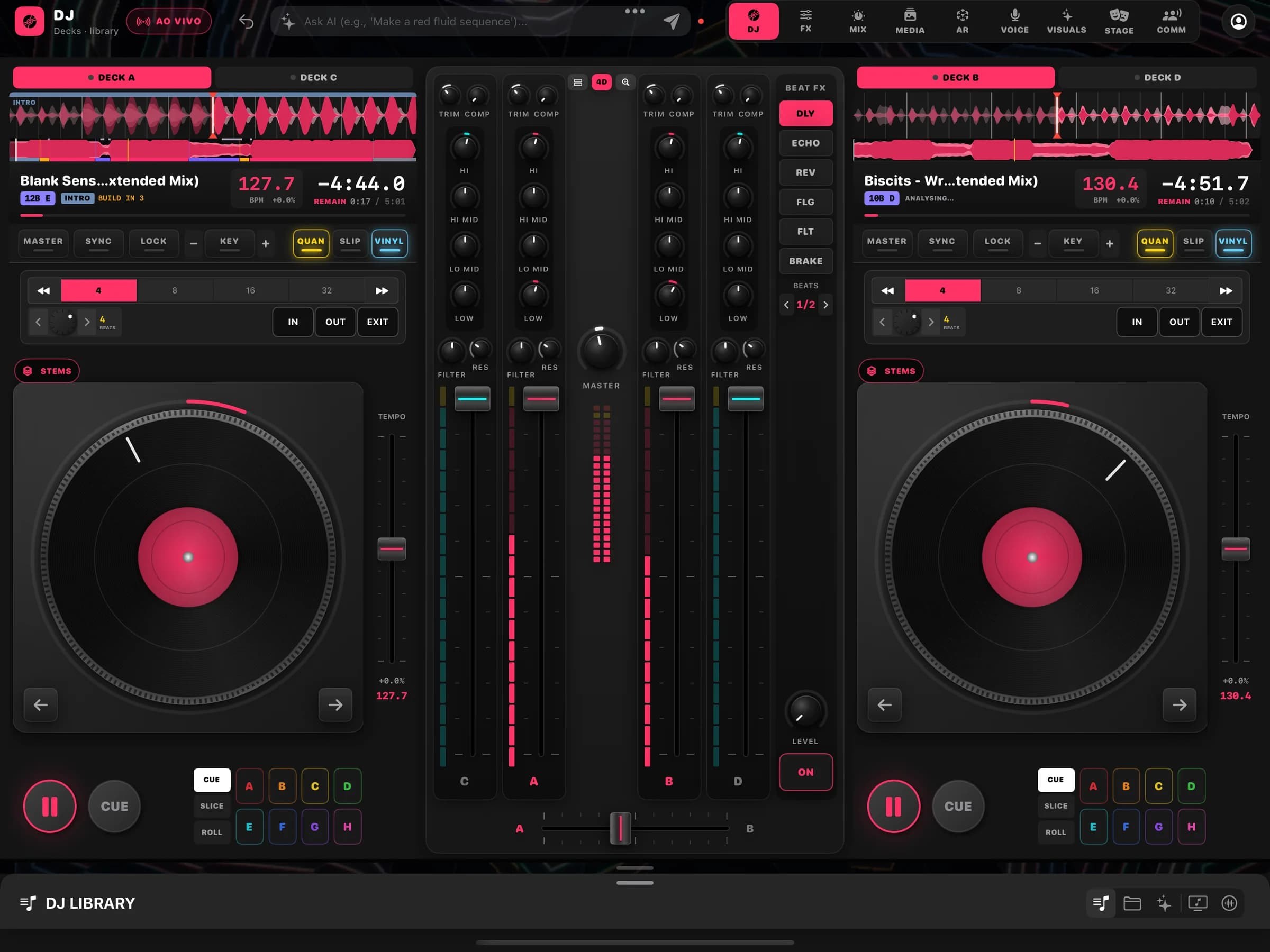 Jowe Stage DJ tab on iPad: decks A and B playing with three-band waveforms, BPM and key, a four-channel mixer, beat FX and pads.