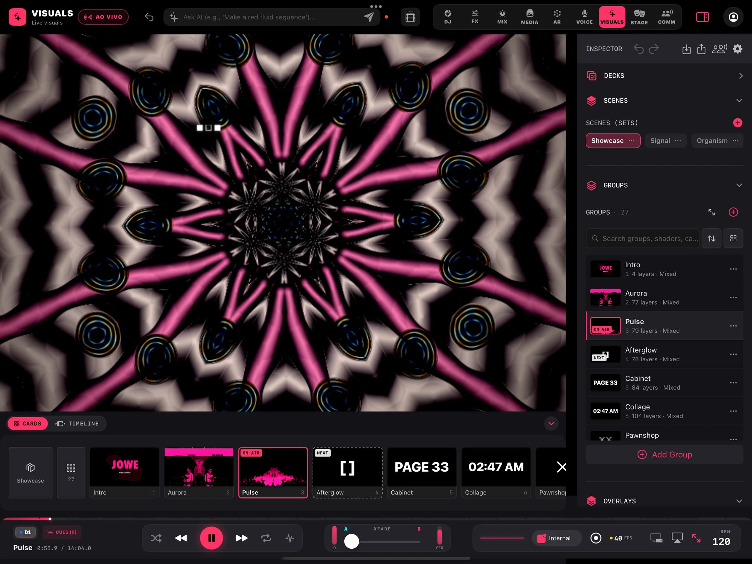 VISUALS tab with a kaleidoscopic group on air and the scenes and groups inspector.