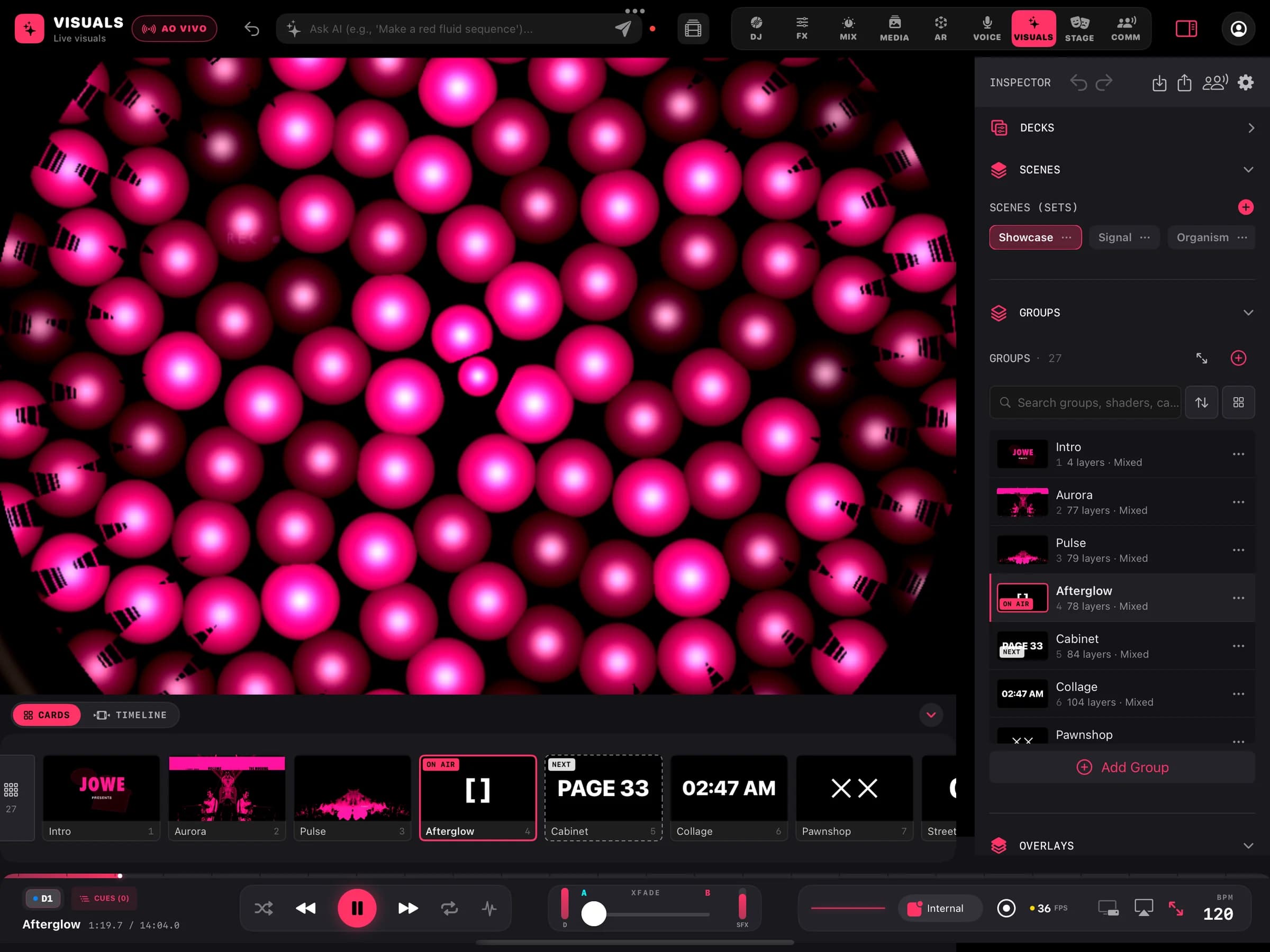 Jowe Stage VISUALS tab live: the Afterglow group on air, the group list with thumbnails, the scene's cards and the transport with BPM.
